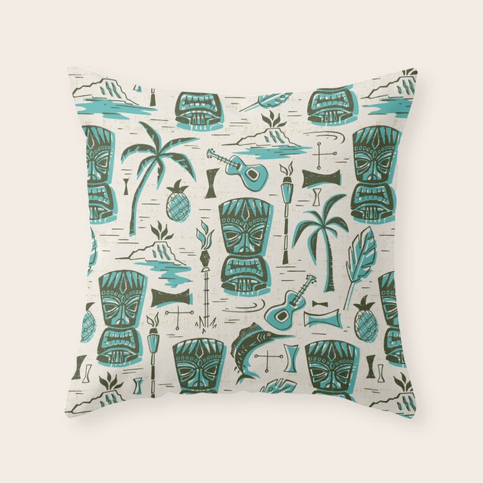 Tropical Tiki - Cream & Aqua Throw Pillow Gallery Image 1