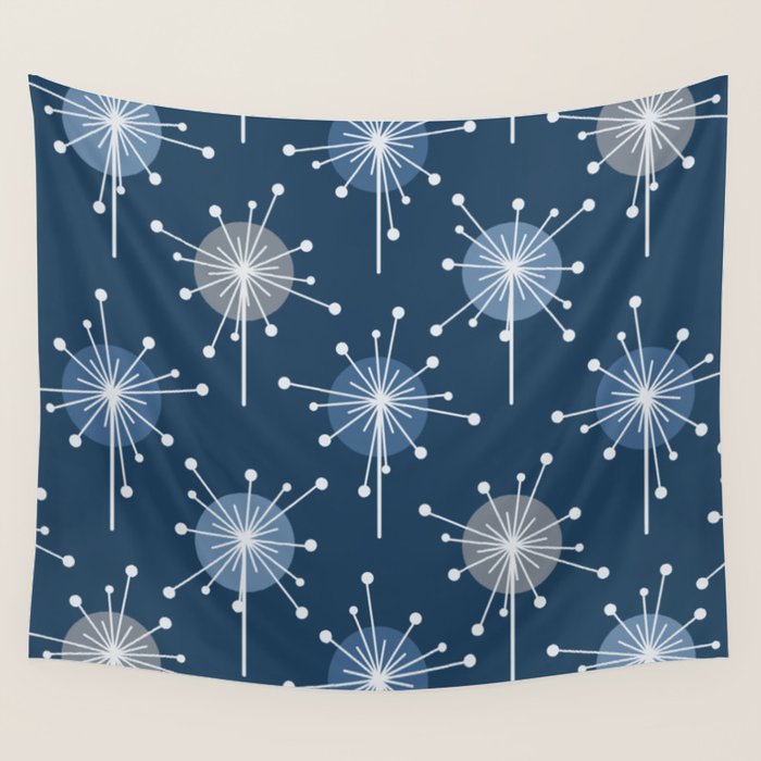 Sputnik Starburst Flowers Navy Blue Wall Tapestry Gallery Image 4