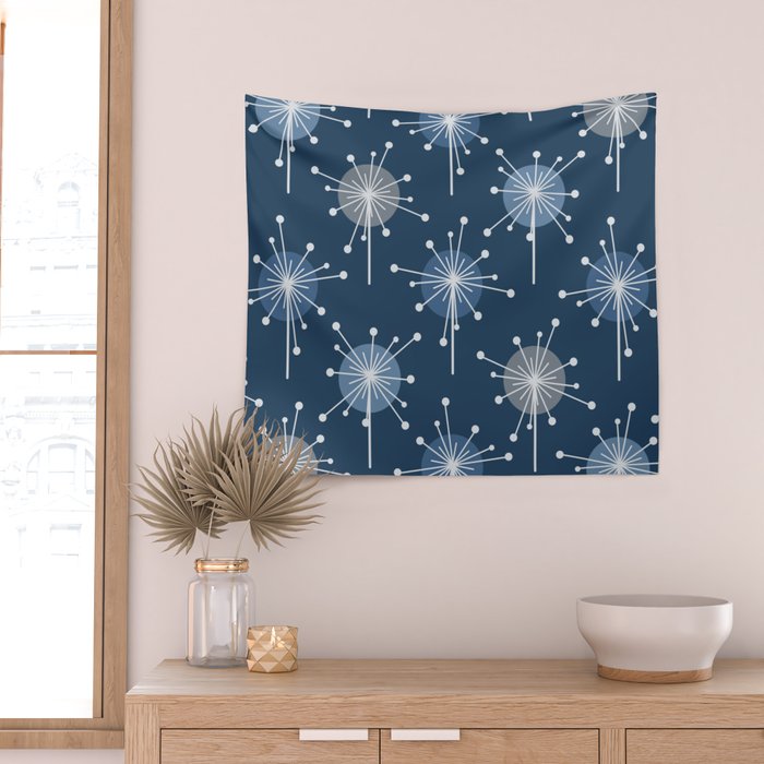 Sputnik Starburst Flowers Navy Blue Wall Tapestry Gallery Image 2