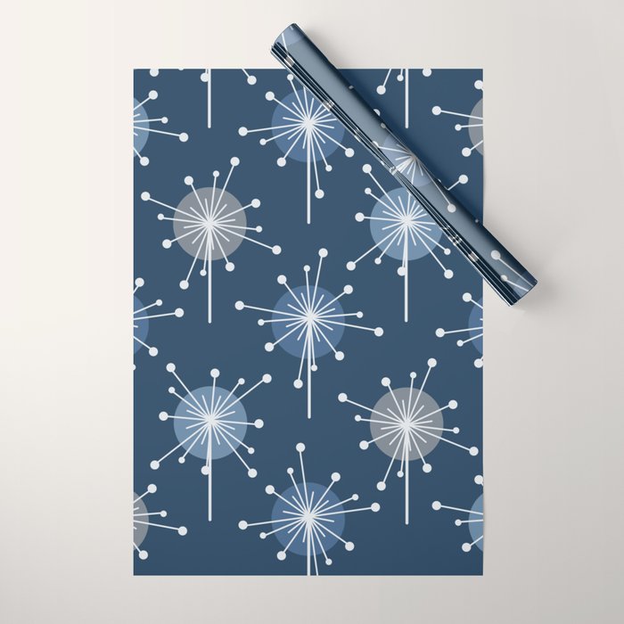 Sputnik Starburst Flowers Navy Blue Wrapping Paper Gallery Image 1