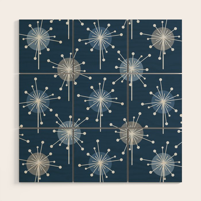 Sputnik Starburst Flowers Navy Blue Wood Wall Art Gallery Image 1