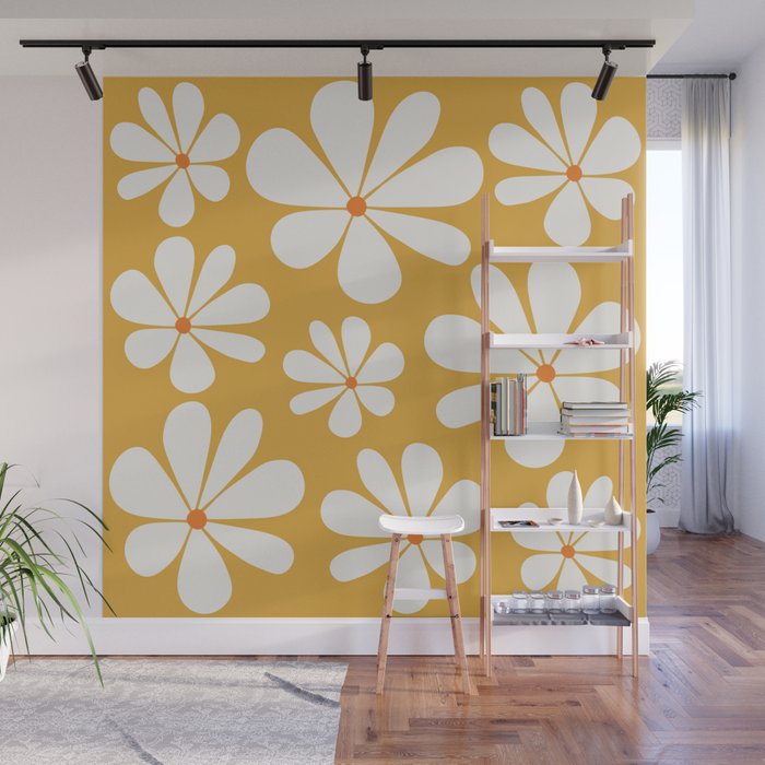 Retro Daisy Pattern - Golden Yellow Wall Mural Gallery Image 1