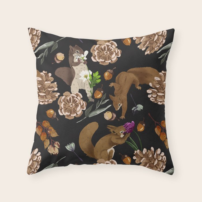 Squirrel flowering dark meadow Throw Pillow Gallery Image 1