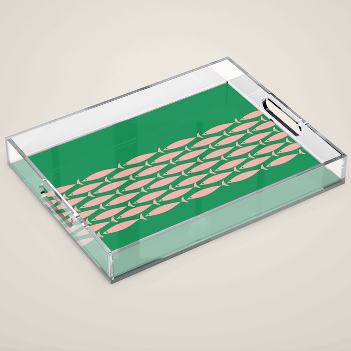 Fish Stripe Minimal Mid Century Modern Green and Pink Acrylic Tray Gallery Image 1