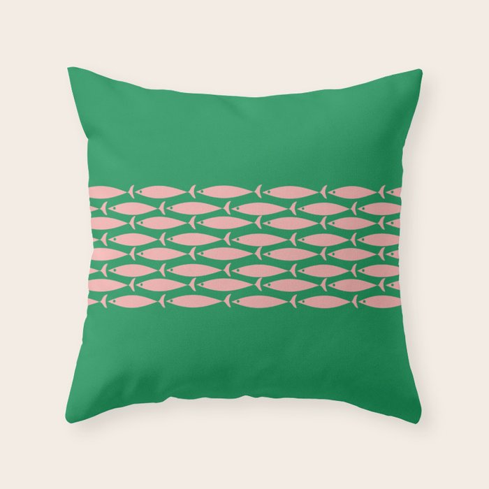 Fish Stripe Minimal Mid Century Modern Green and Pink Throw Pillow Gallery Image 1