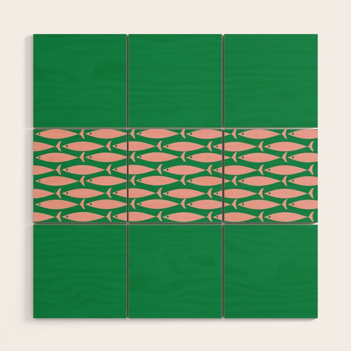 Fish Stripe Minimal Mid Century Modern Green and Pink Wood Wall Art Gallery Image 1