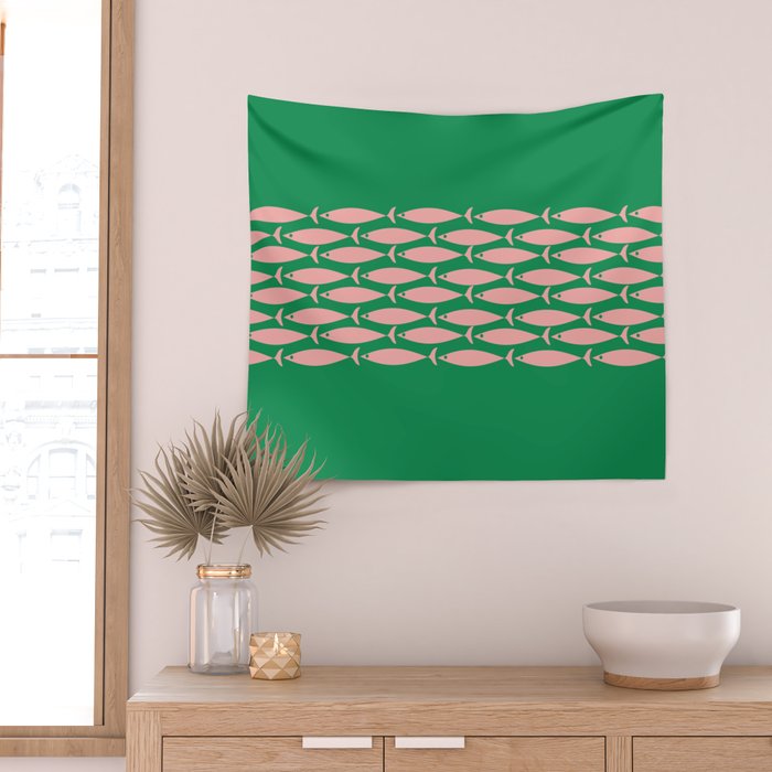 Fish Stripe Minimal Mid Century Modern Green and Pink Wall Tapestry Gallery Image 2