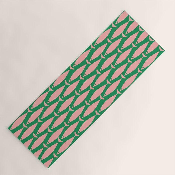Fish Stripe Minimal Mid Century Modern Green and Pink Yoga Mat Gallery Image 1