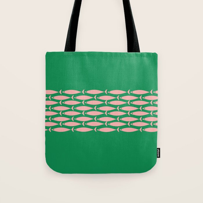 Fish Stripe Minimal Mid Century Modern Green and Pink Tote Bag Gallery Image 1