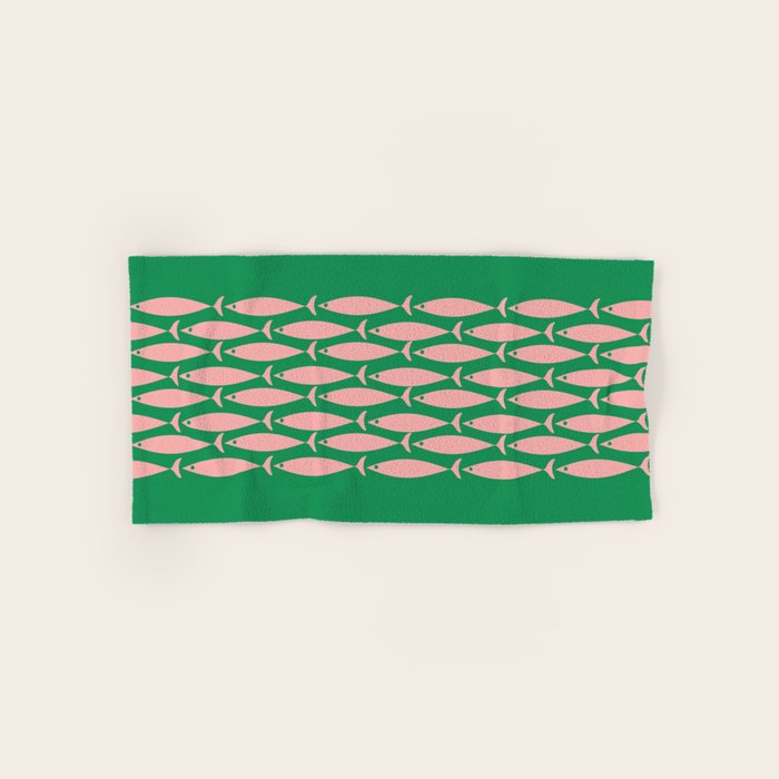 Fish Stripe Minimal Mid Century Modern Green and Pink Bath Towel Gallery Image 1