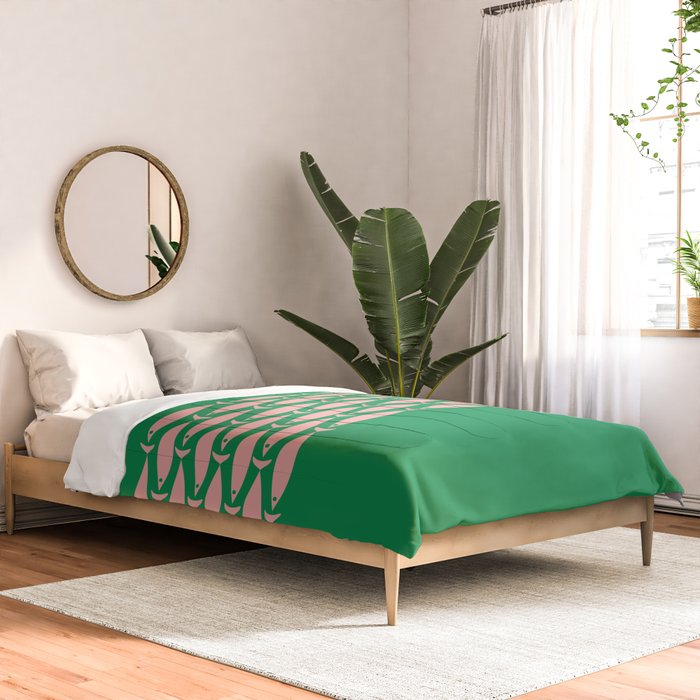 Fish Stripe Minimal Mid Century Modern Green and Pink Comforter Gallery Image 2