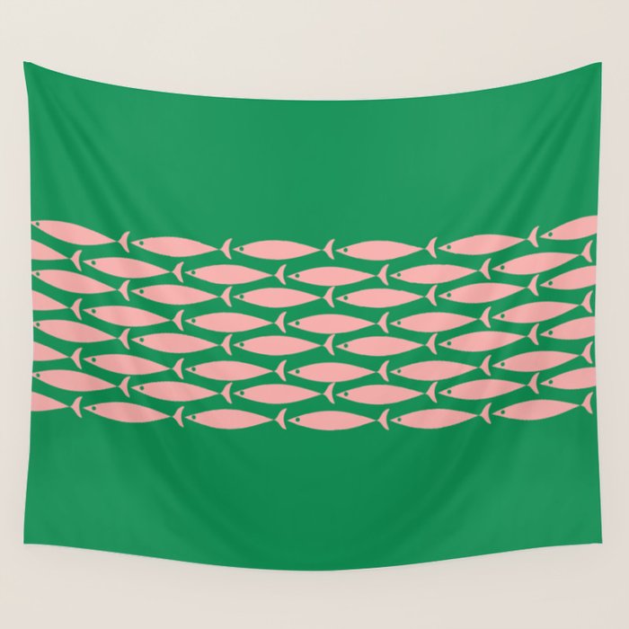 Fish Stripe Minimal Mid Century Modern Green and Pink Wall Tapestry Gallery Image 4