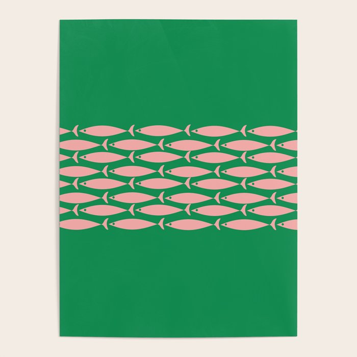 Fish Stripe Minimal Mid Century Modern Green and Pink Poster Gallery Image 1