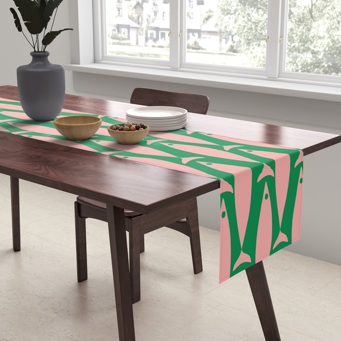 Fish Stripe Minimal Mid Century Modern Green and Pink Table Runner Gallery Image 2