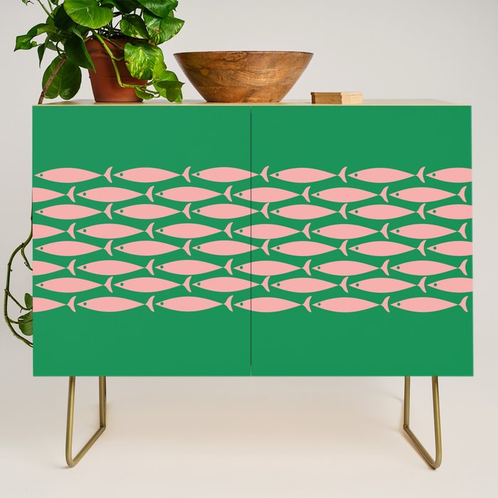 Fish Stripe Minimal Mid Century Modern Green and Pink Credenza Gallery Image 1