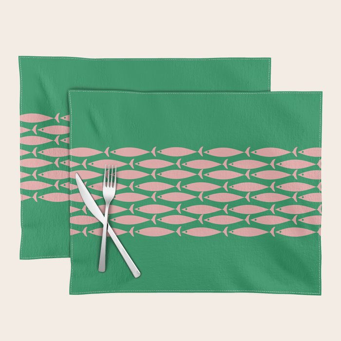 Fish Stripe Minimal Mid Century Modern Green and Pink Placemat Gallery Image 1