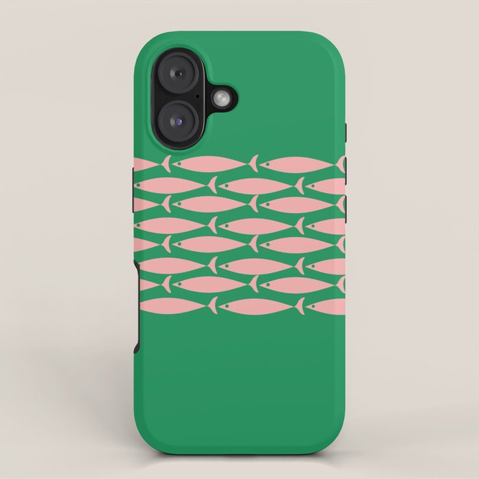Fish Stripe Minimal Mid Century Modern Green and Pink iPhone Case Gallery Image 1