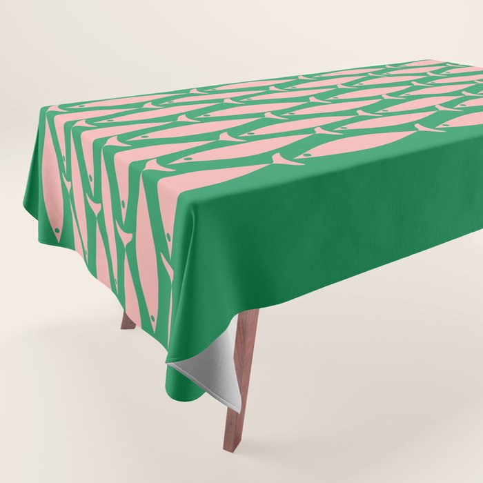 Fish Stripe Minimal Mid Century Modern Green and Pink Tablecloth Gallery Image 1