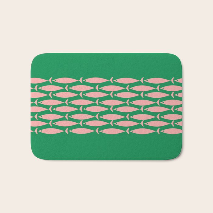 Fish Stripe Minimal Mid Century Modern Green and Pink Bath Mat Gallery Image 1
