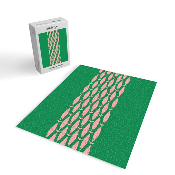 Fish Stripe Minimal Mid Century Modern Green and Pink Jigsaw Puzzle Gallery Image 2