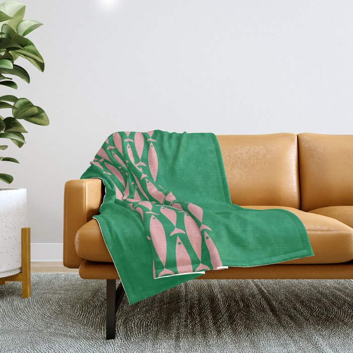 Fish Stripe Minimal Mid Century Modern Green and Pink Throw Blanket Gallery Image 1