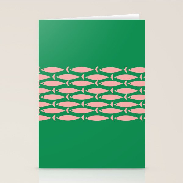 Fish Stripe Minimal Mid Century Modern Green and Pink Stationery Card Gallery Image 1