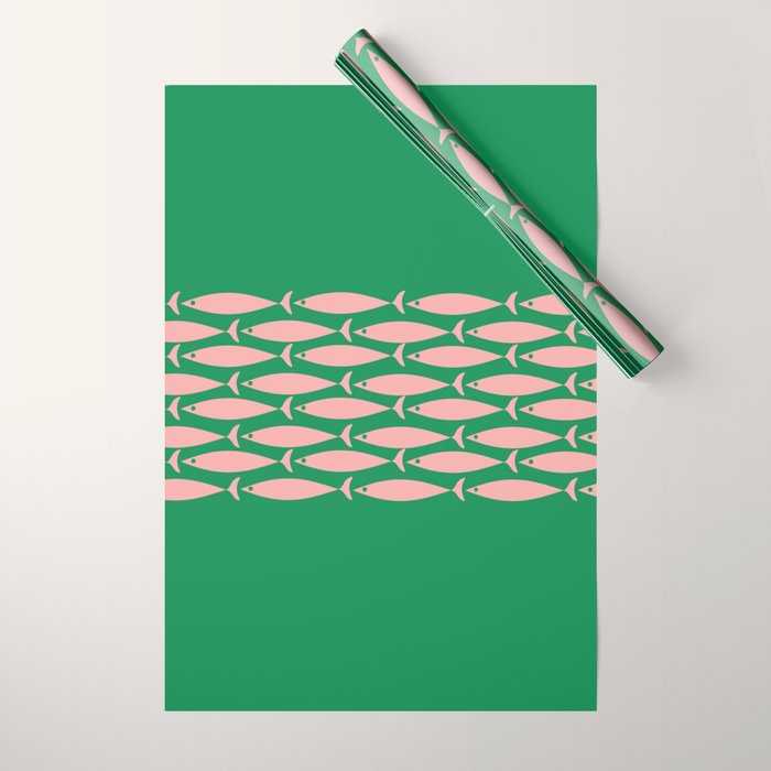 Fish Stripe Minimal Mid Century Modern Green and Pink Wrapping Paper Gallery Image 1