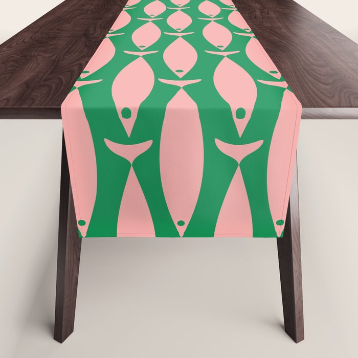 Fish Stripe Minimal Mid Century Modern Green and Pink Table Runner Gallery Image 1