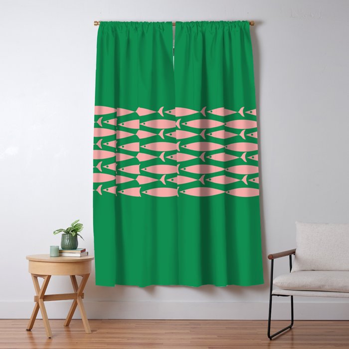 Fish Stripe Minimal Mid Century Modern Green and Pink Window Curtain Gallery Image 5