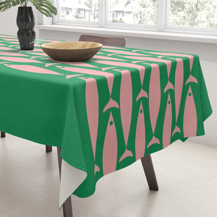 Fish Stripe Minimal Mid Century Modern Green and Pink Tablecloth Gallery Image 3