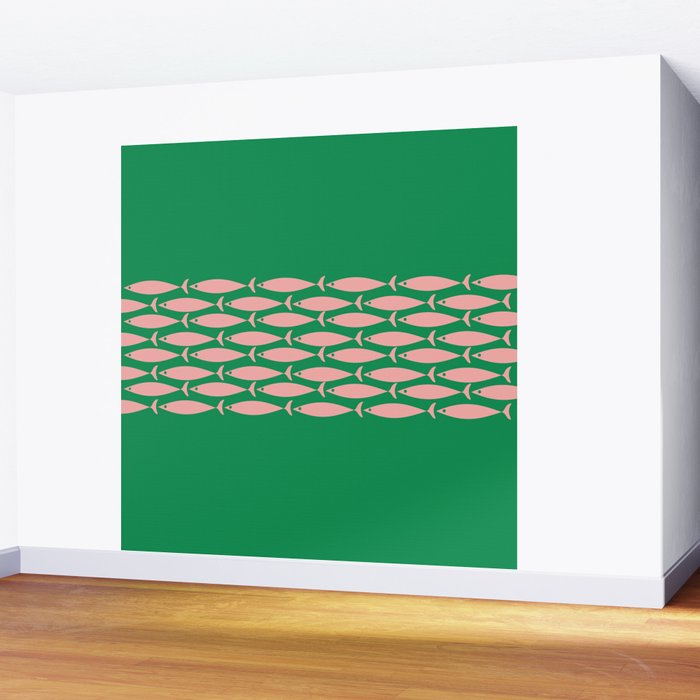 Fish Stripe Minimal Mid Century Modern Green and Pink Wall Mural Gallery Image 2
