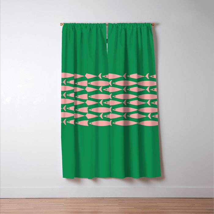 Fish Stripe Minimal Mid Century Modern Green and Pink Window Curtain Gallery Image 3