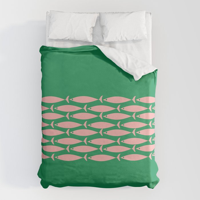 Fish Stripe Minimal Mid Century Modern Green and Pink Duvet Cover Gallery Image 1