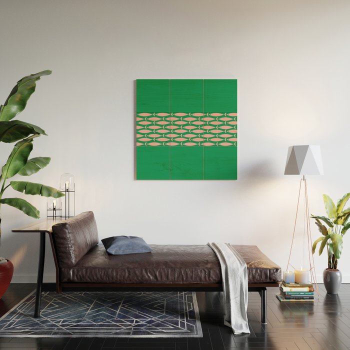Fish Stripe Minimal Mid Century Modern Green and Pink Wood Wall Art Gallery Image 2