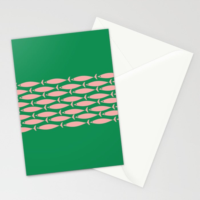 Fish Stripe Minimal Mid Century Modern Green and Pink Stationery Card Gallery Image 2