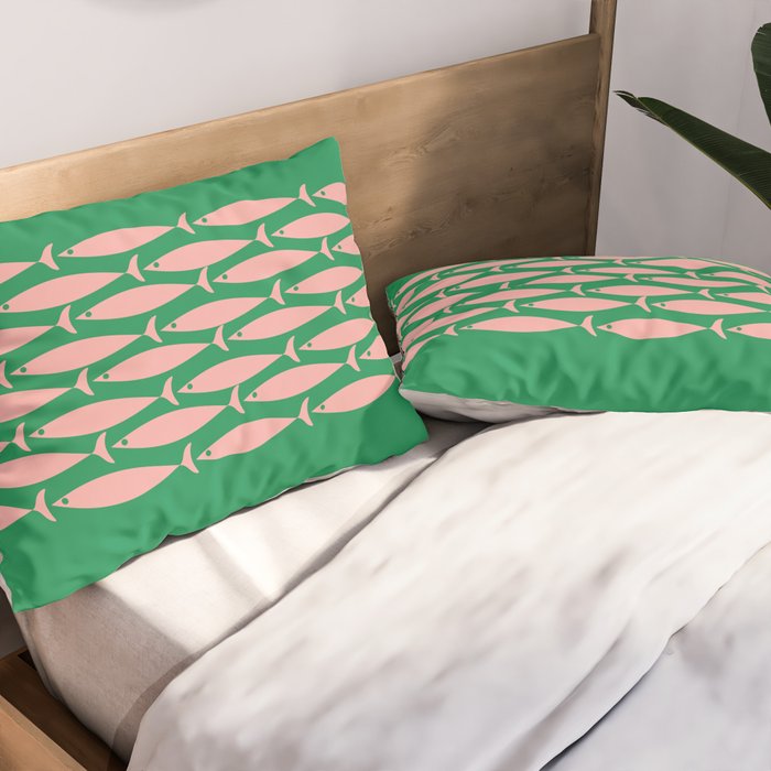 Fish Stripe Minimal Mid Century Modern Green and Pink Pillow Sham Gallery Image 2