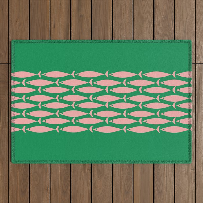Fish Stripe Minimal Mid Century Modern Green and Pink Outdoor Rug Gallery Image 1