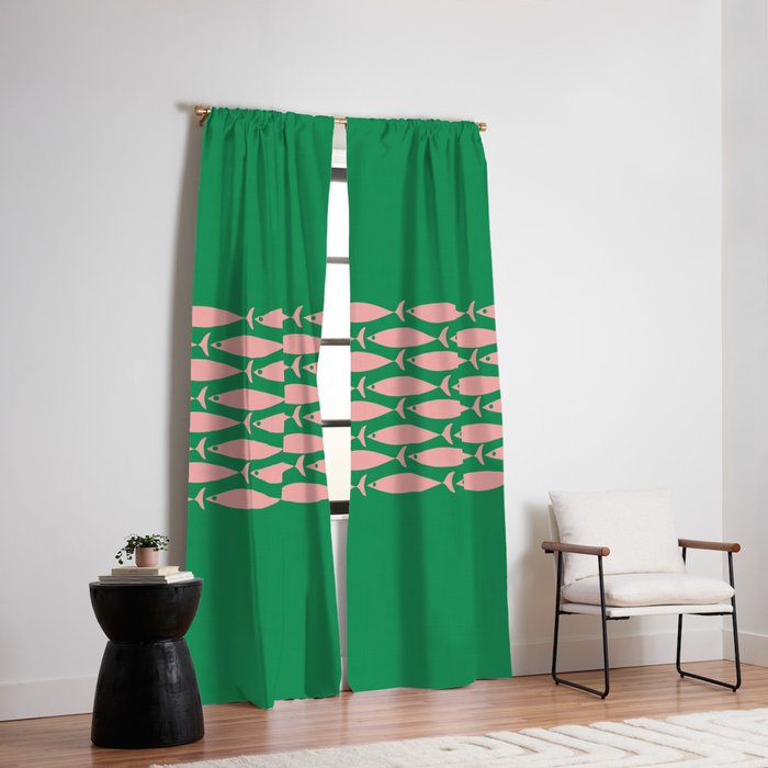 Fish Stripe Minimal Mid Century Modern Green and Pink Window Curtain Gallery Image 6