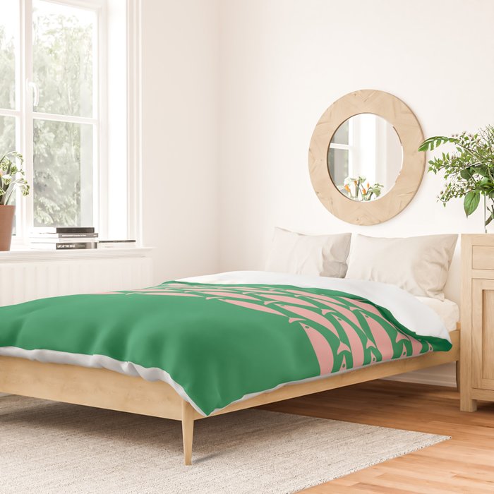Fish Stripe Minimal Mid Century Modern Green and Pink Duvet Cover Gallery Image 2