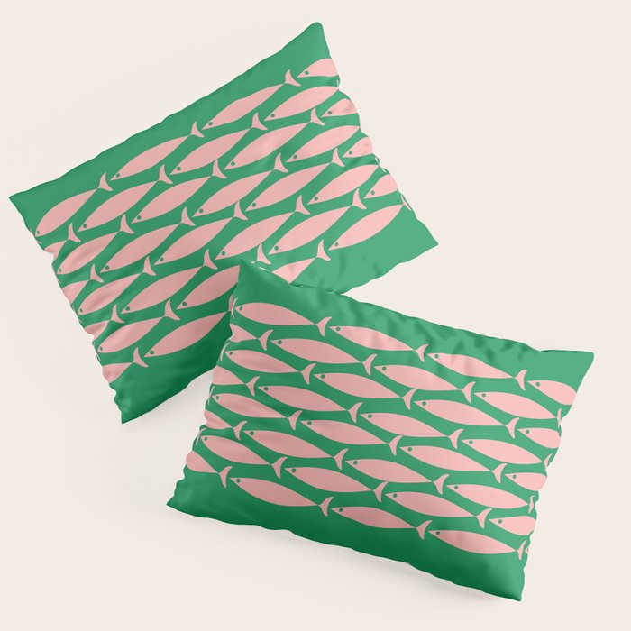 Fish Stripe Minimal Mid Century Modern Green and Pink Pillow Sham Gallery Image 3