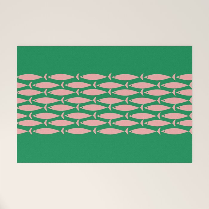 Fish Stripe Minimal Mid Century Modern Green and Pink Welcome Mat Gallery Image 1