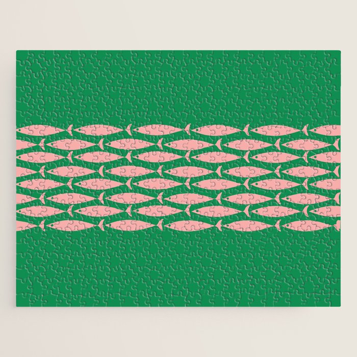 Fish Stripe Minimal Mid Century Modern Green and Pink Jigsaw Puzzle Gallery Image 1