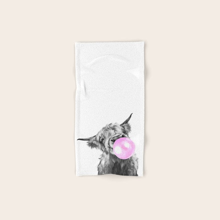 Bubble Gum Highland Cow Black and White Hand & Bath Towel Gallery Image 1