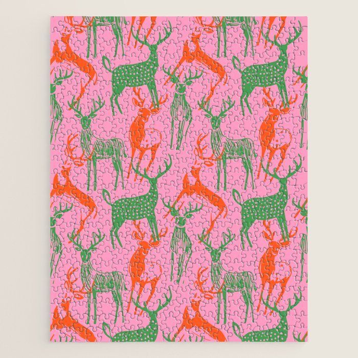 Vintage christmas deer animal art pattern Jigsaw Puzzle Gallery Image 1