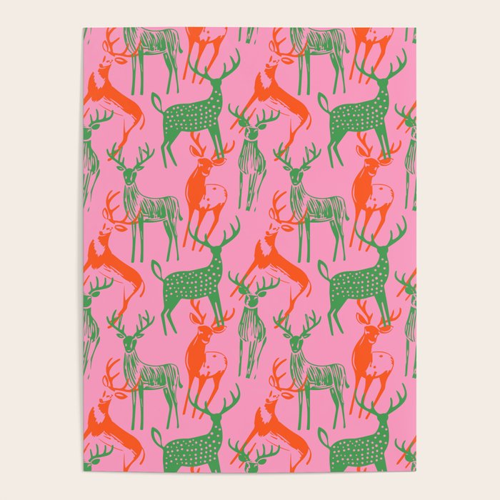 Vintage christmas deer animal art pattern Poster Gallery Image 1
