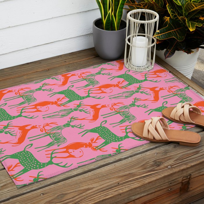 Vintage christmas deer animal art pattern Outdoor Rug Gallery Image 2
