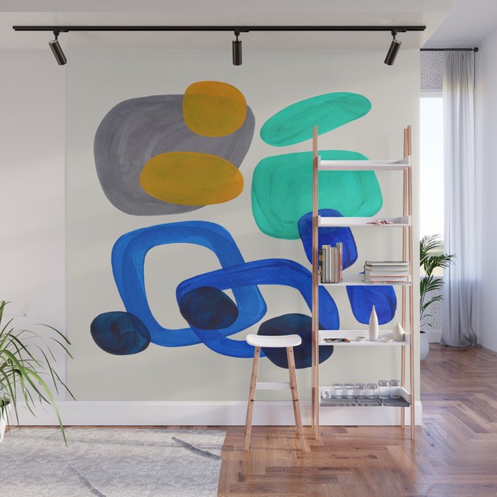 Mid Century Modern Abstract Minimalist Fun Colorful Shapes Marine Green Retro Vintage Fun Shapes Wall Mural Gallery Image 1