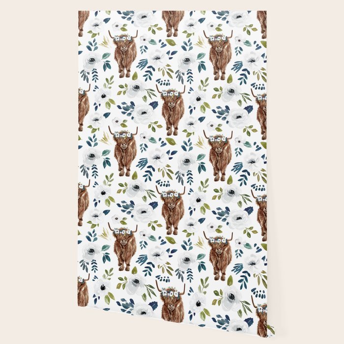 Highland Cow, Highland Cows with Flowers, Flower Crown, Floral Print, Watercolor Wallpaper Gallery Image 2