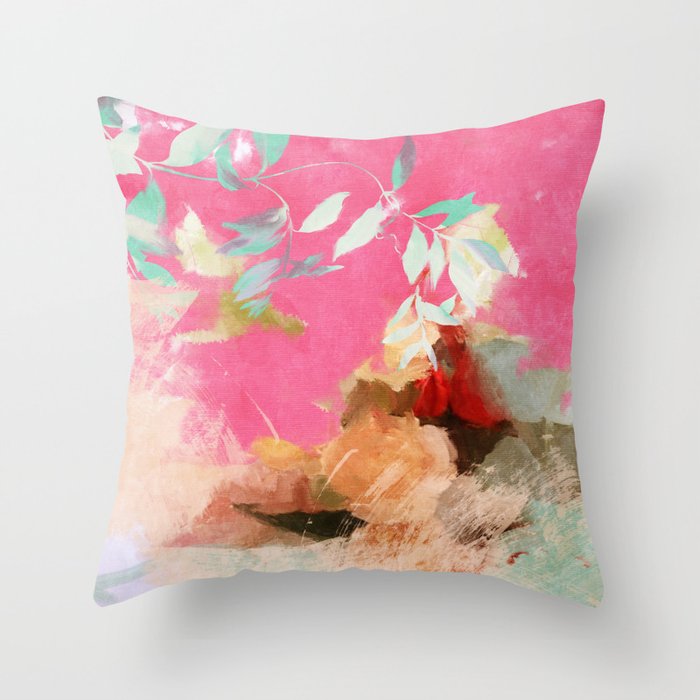 pink peachy branch in summer garden Throw Pillow Gallery Image 1