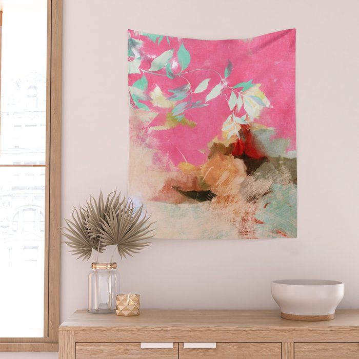 pink peachy branch in summer garden Wall Tapestry Gallery Image 2